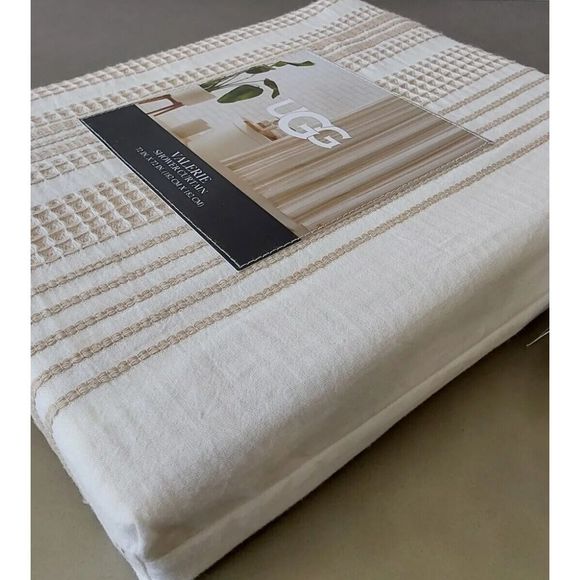 UGG Valerie Striped Fabric Shower Curtain 72 x 72 Inches 100% Cotton Snow/Linen - Picture 2 of 7